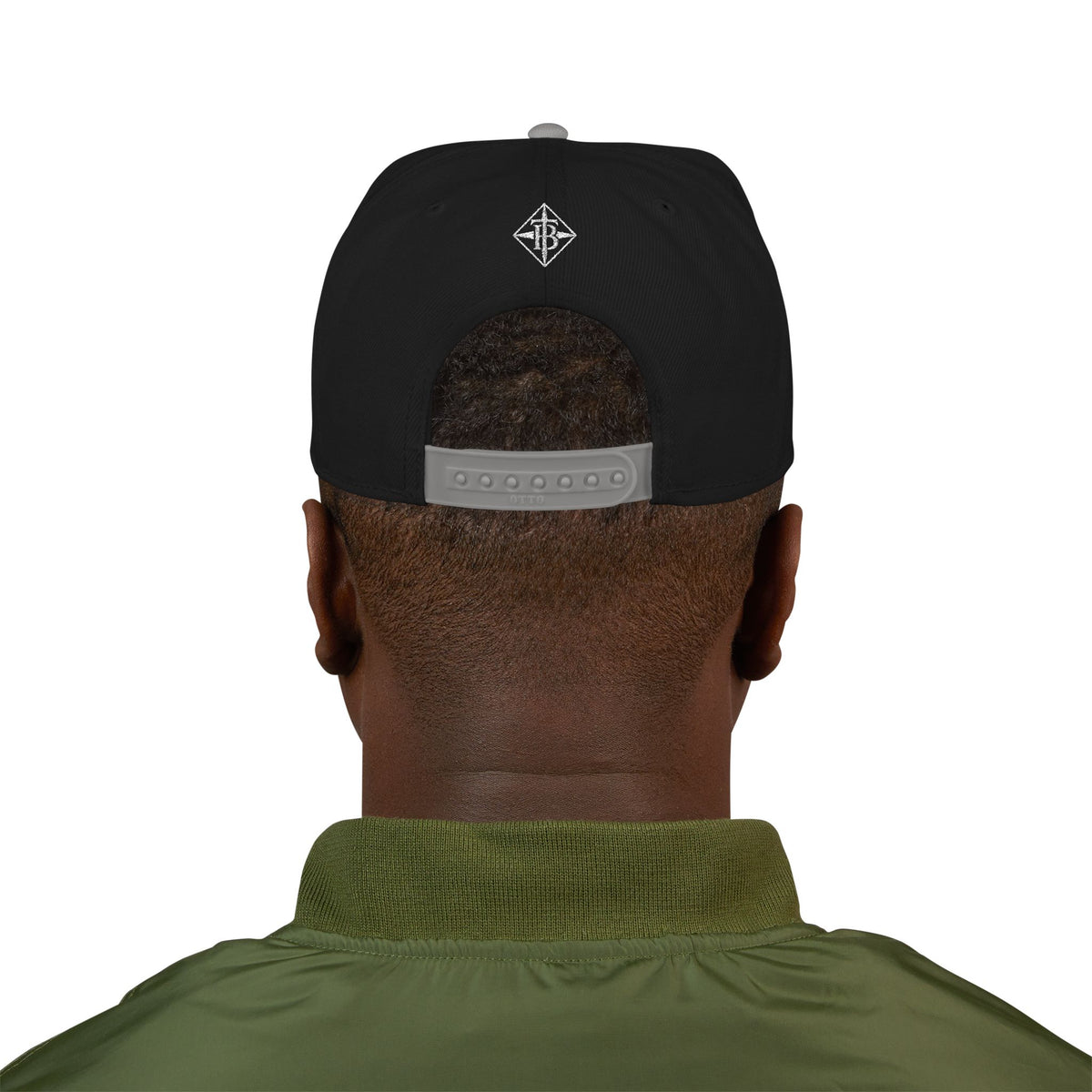 White Embroidered Snapback Cap — Minimal Geometric Logo, Adjustable Flat Brim