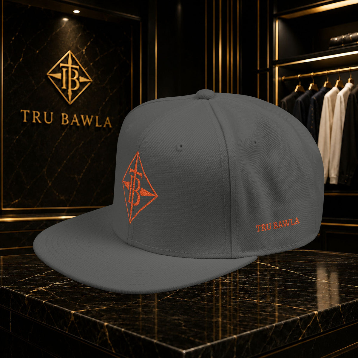 Embroidered Snapback Cap — Minimal Geometric Logo, Adjustable Flat Brim