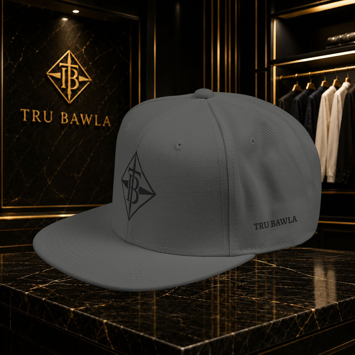 Black Embroidered Snapback Cap — Minimal Geometric Logo, Adjustable Flat Brim