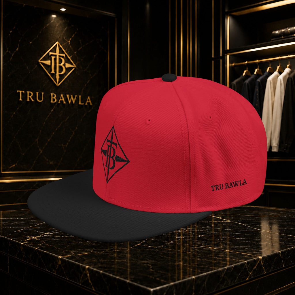 Black Embroidered Snapback Cap — Minimal Geometric Logo, Adjustable Flat Brim