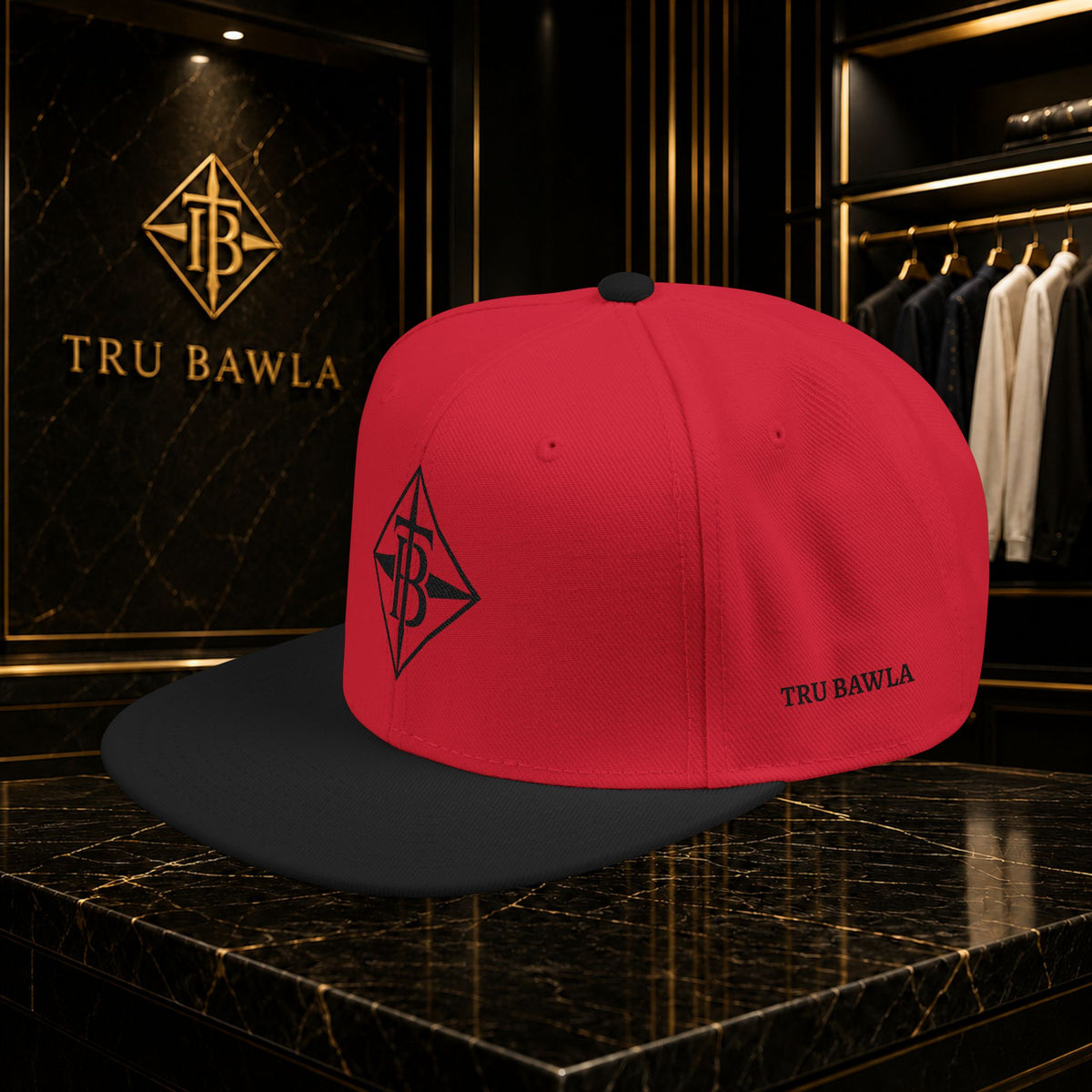 Black Embroidered Snapback Cap — Minimal Geometric Logo, Adjustable Flat Brim