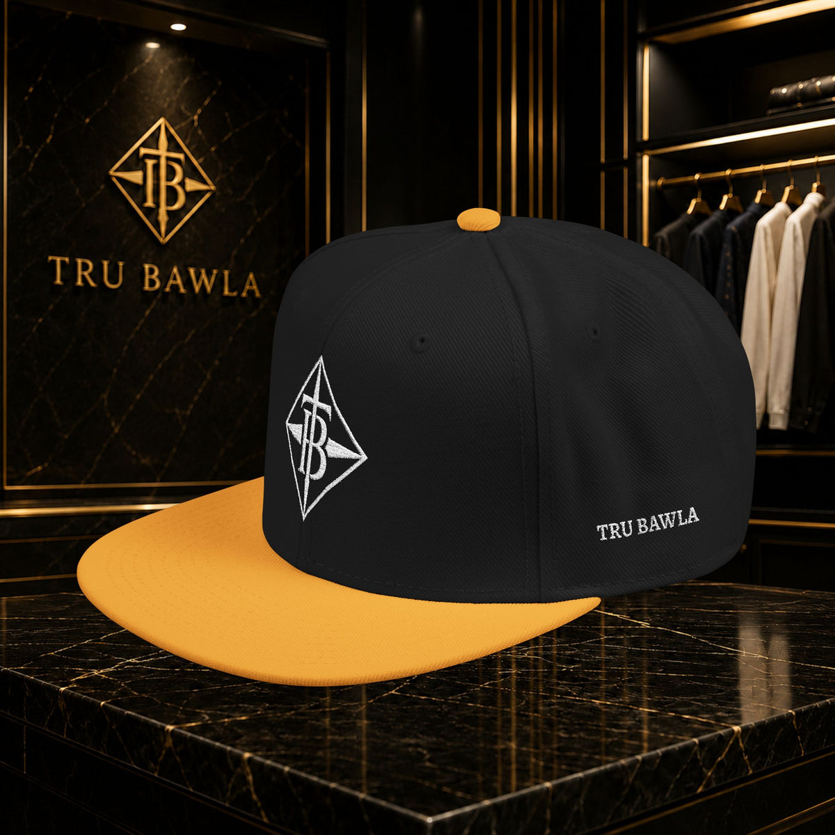 White Embroidered Snapback Cap — Minimal Geometric Logo, Adjustable Flat Brim