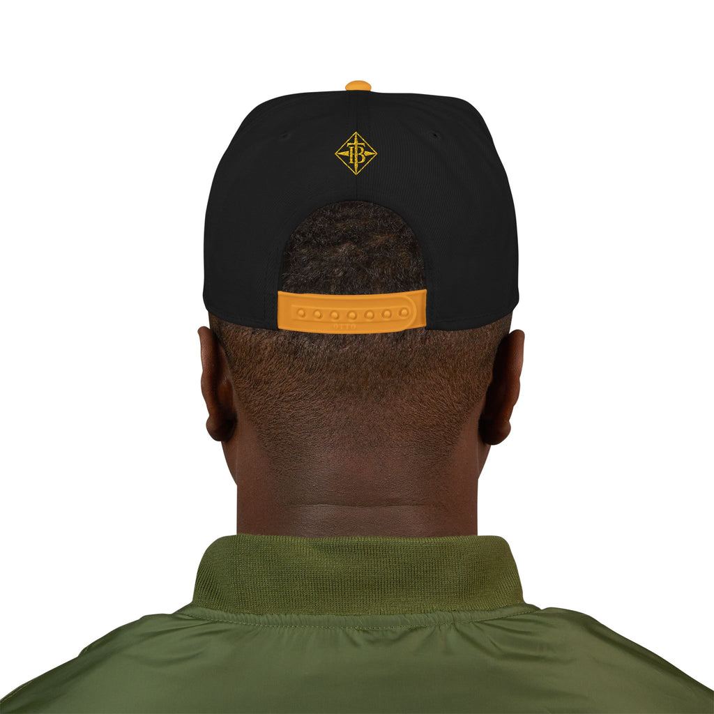 Gold Embroidered Snapback Cap — Minimal Geometric Logo, Adjustable Flat Brim