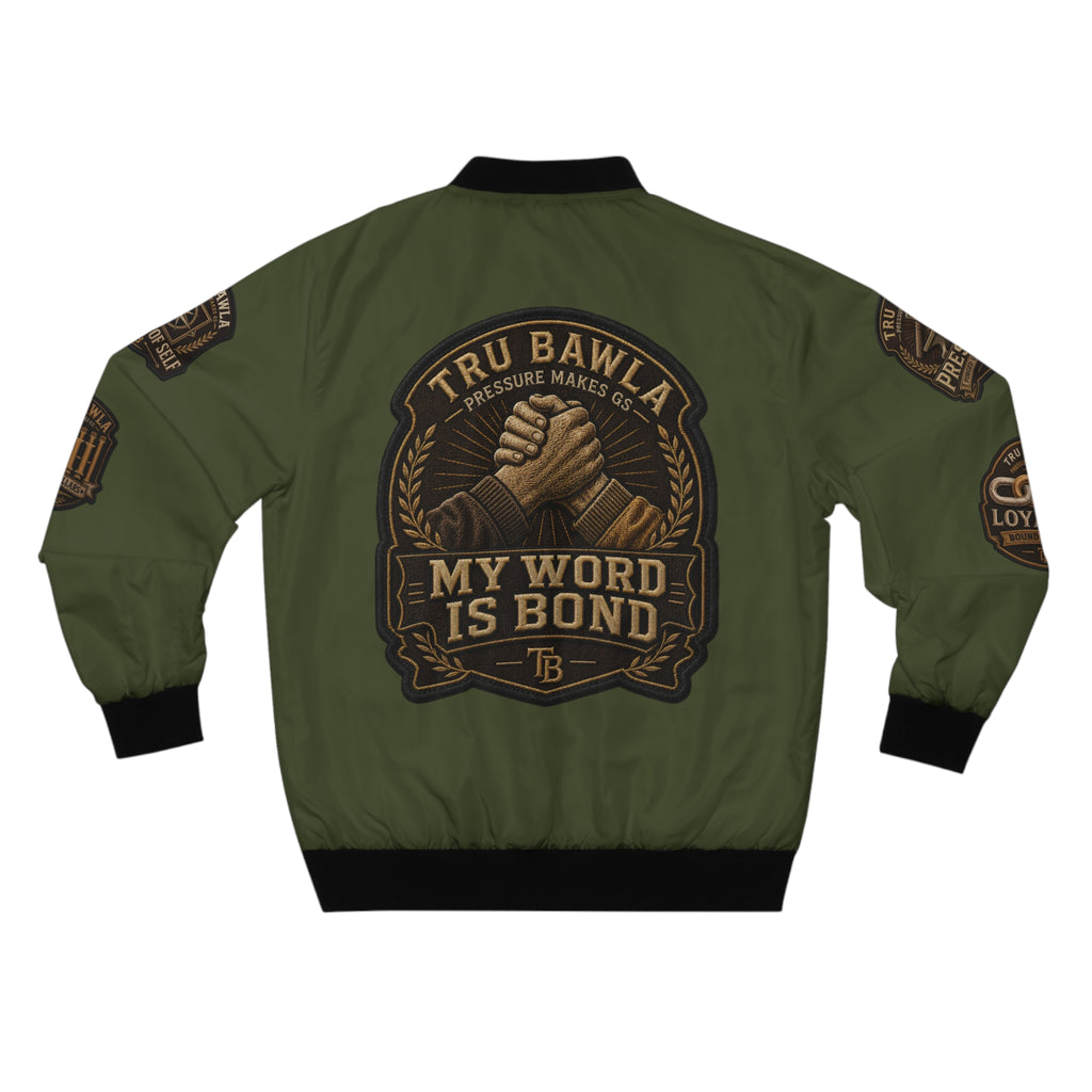 Army Green Bomber Jacket — "My Word Is Bond" Vintage Patch