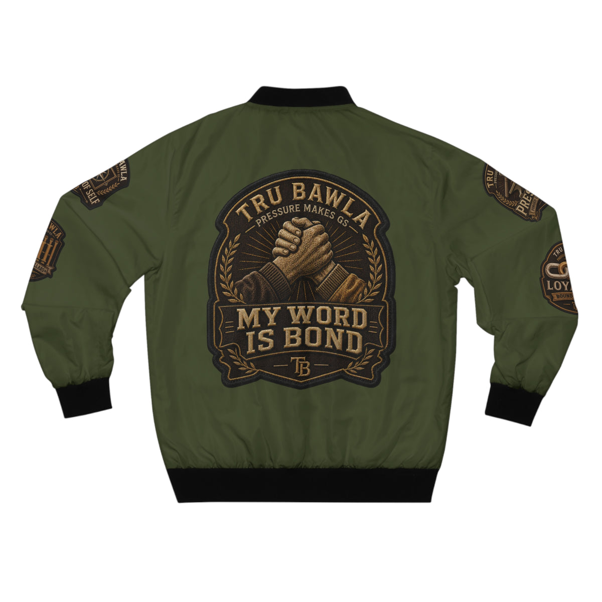 Army Green Bomber Jacket — "My Word Is Bond" Vintage Patch