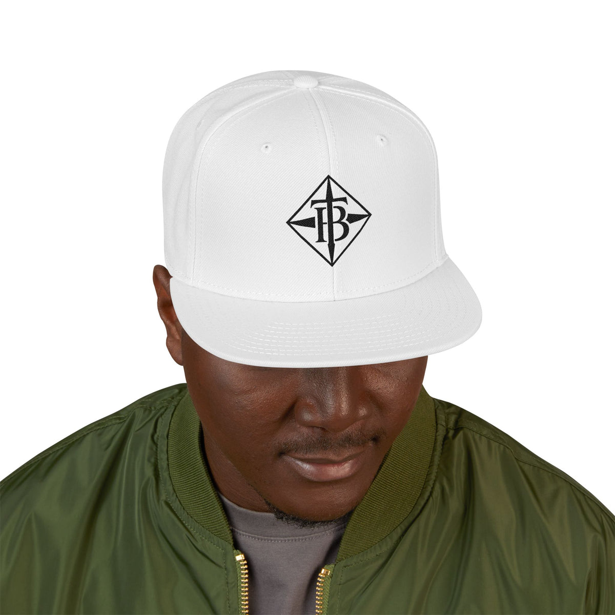 Black Embroidered Snapback Cap — Minimal Geometric Logo, Adjustable Flat Brim