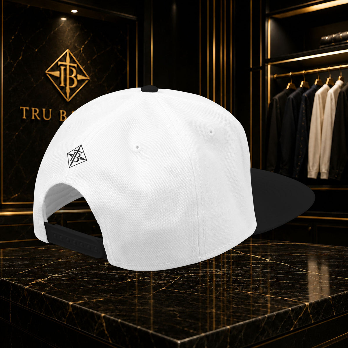 Black Embroidered Snapback Cap — Minimal Geometric Logo, Adjustable Flat Brim