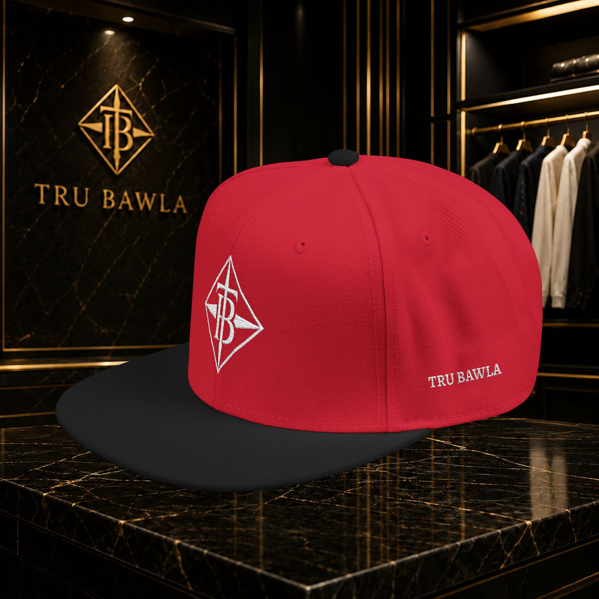 White Embroidered Snapback Cap — Minimal Geometric Logo, Adjustable Flat Brim