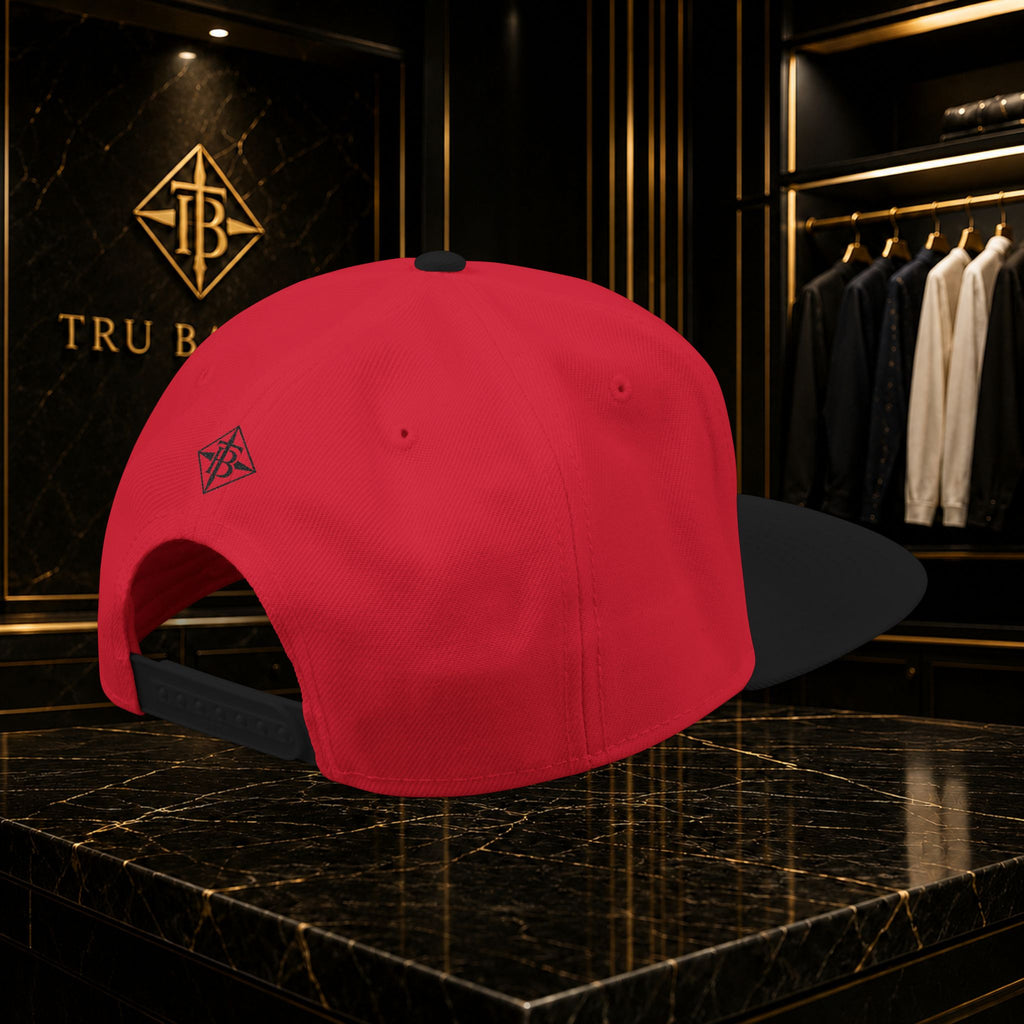 Black Embroidered Snapback Cap — Minimal Geometric Logo, Adjustable Flat Brim