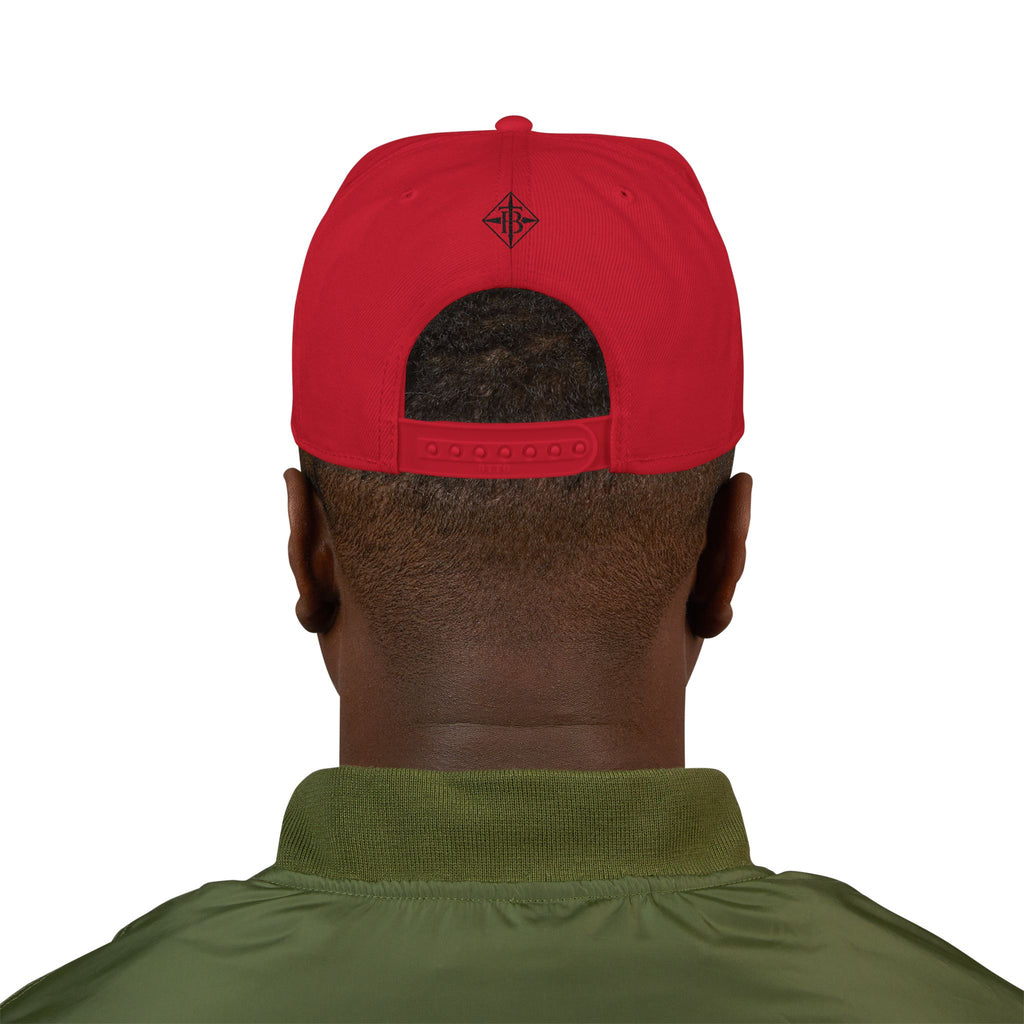 Black Embroidered Snapback Cap — Minimal Geometric Logo, Adjustable Flat Brim