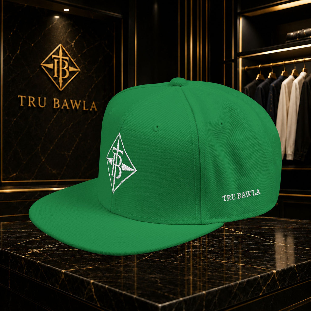 White Embroidered Snapback Cap — Minimal Geometric Logo, Adjustable Flat Brim