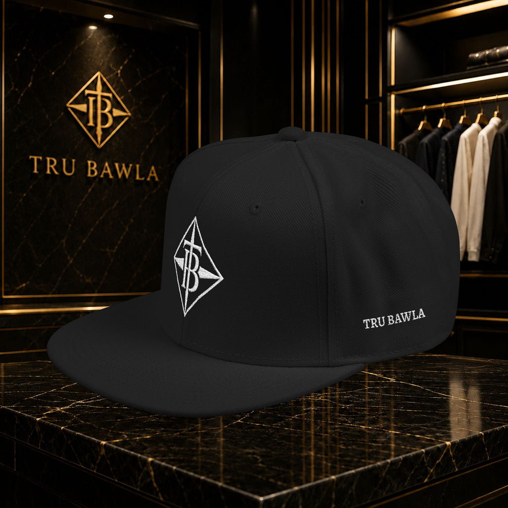 White Embroidered Snapback Cap — Minimal Geometric Logo, Adjustable Flat Brim