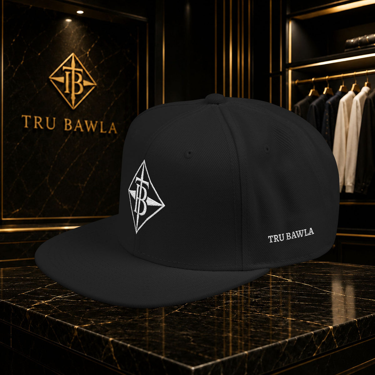 White Embroidered Snapback Cap — Minimal Geometric Logo, Adjustable Flat Brim