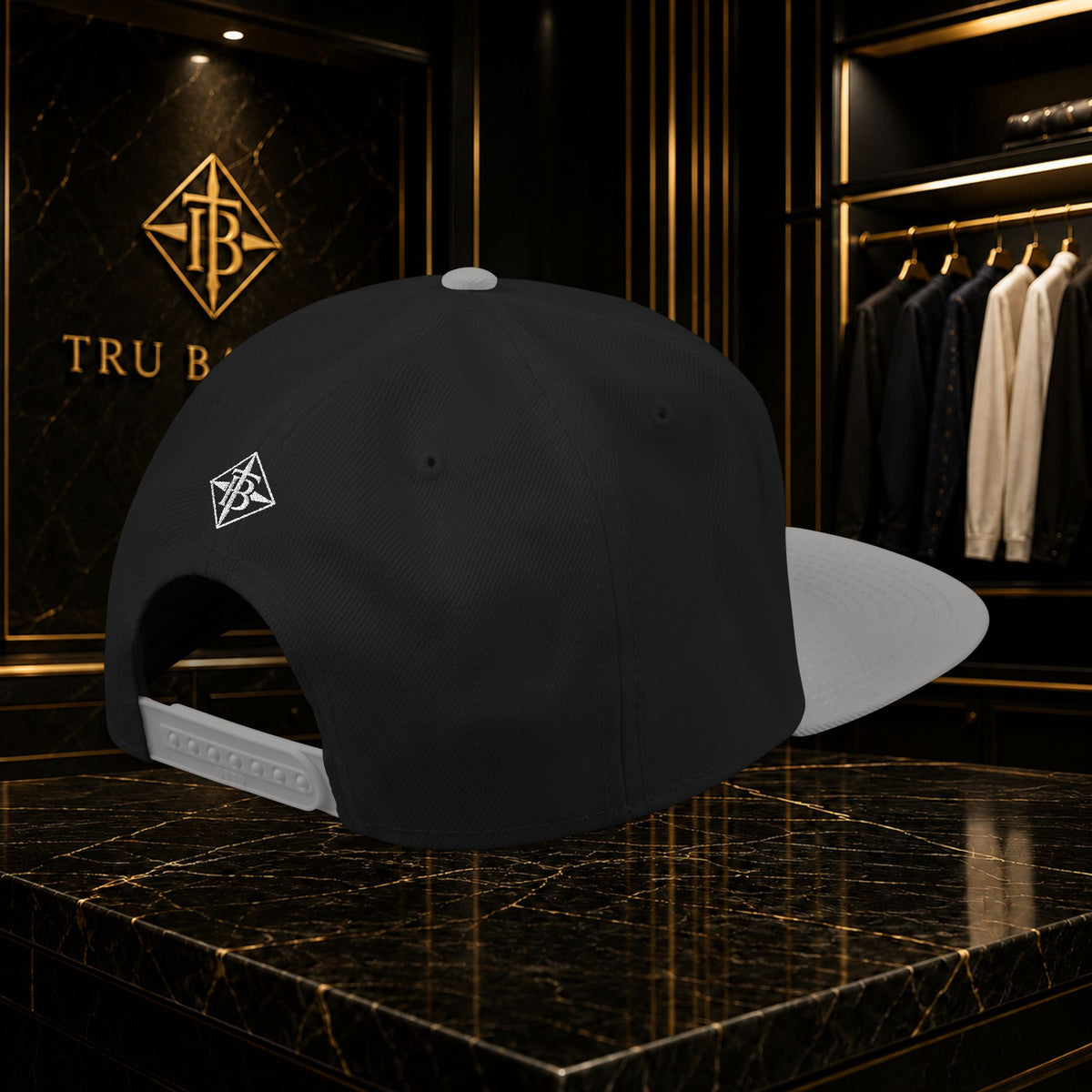 White Embroidered Snapback Cap — Minimal Geometric Logo, Adjustable Flat Brim