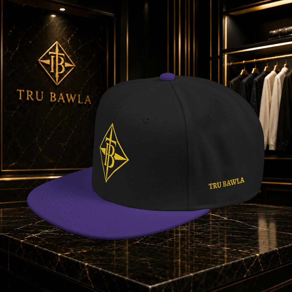 Gold Embroidered Snapback Cap — Minimal Geometric Logo, Adjustable Flat Brim