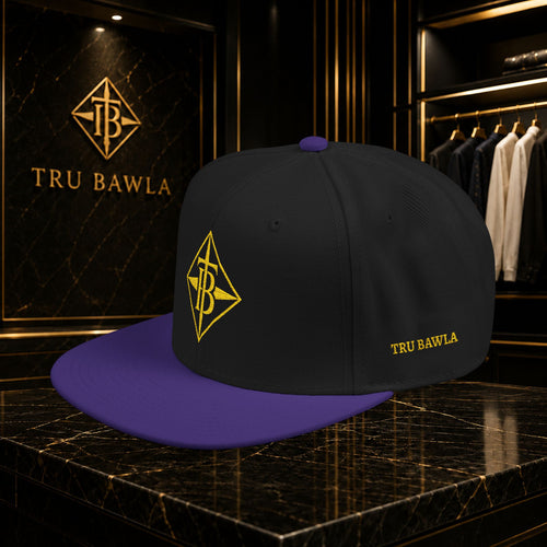 Gold Embroidered Snapback Cap — Minimal Geometric Logo, Adjustable Flat Brim