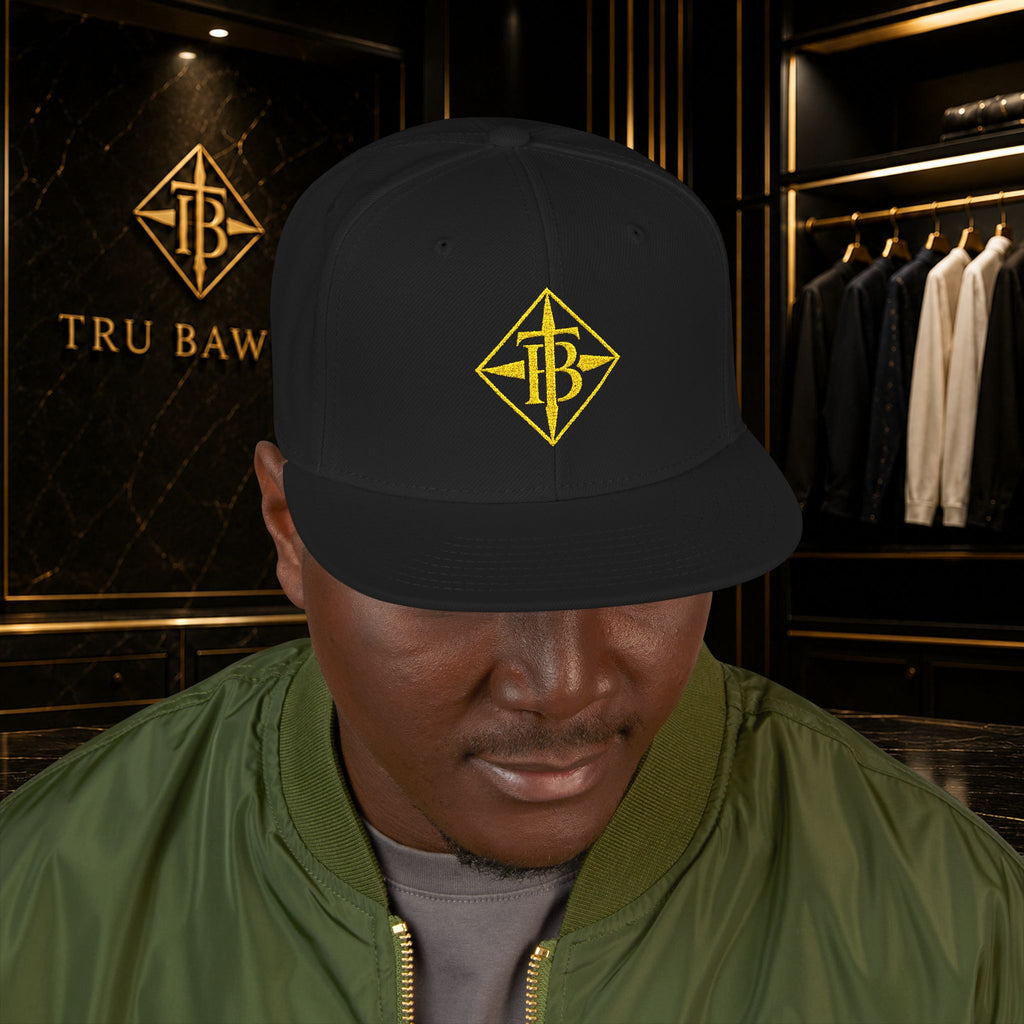 Gold Embroidered Snapback Cap — Minimal Geometric Logo, Adjustable Flat Brim