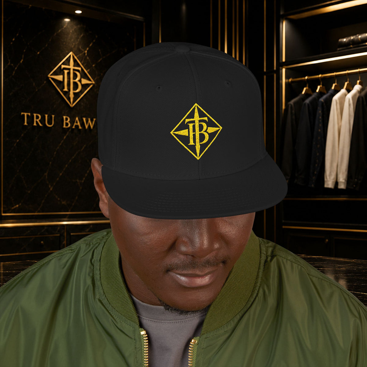 Gold Embroidered Snapback Cap — Minimal Geometric Logo, Adjustable Flat Brim