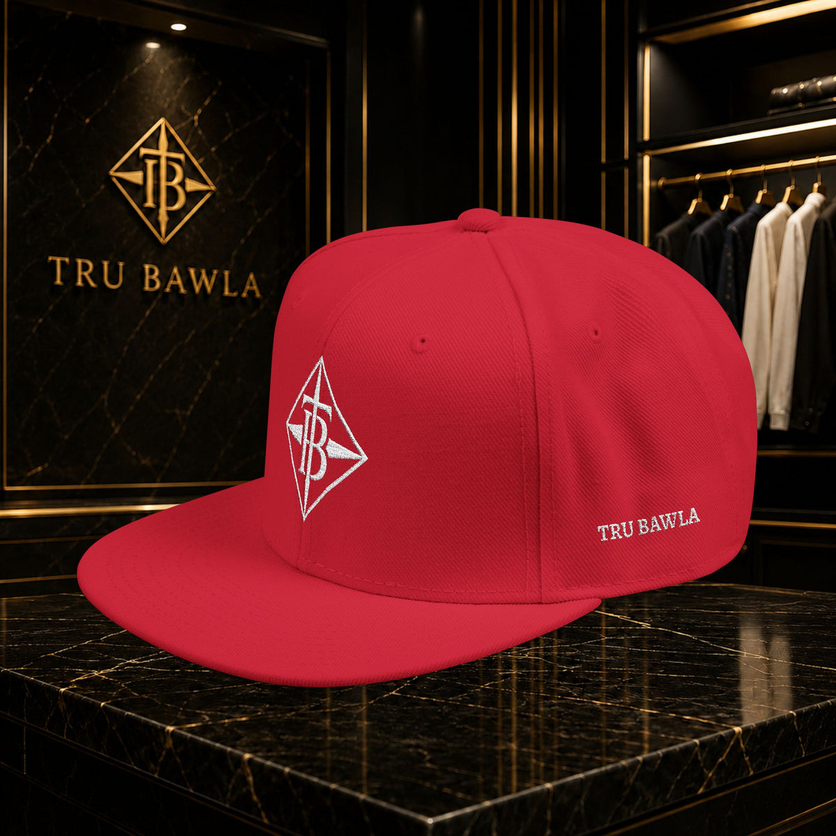 White Embroidered Snapback Cap — Minimal Geometric Logo, Adjustable Flat Brim