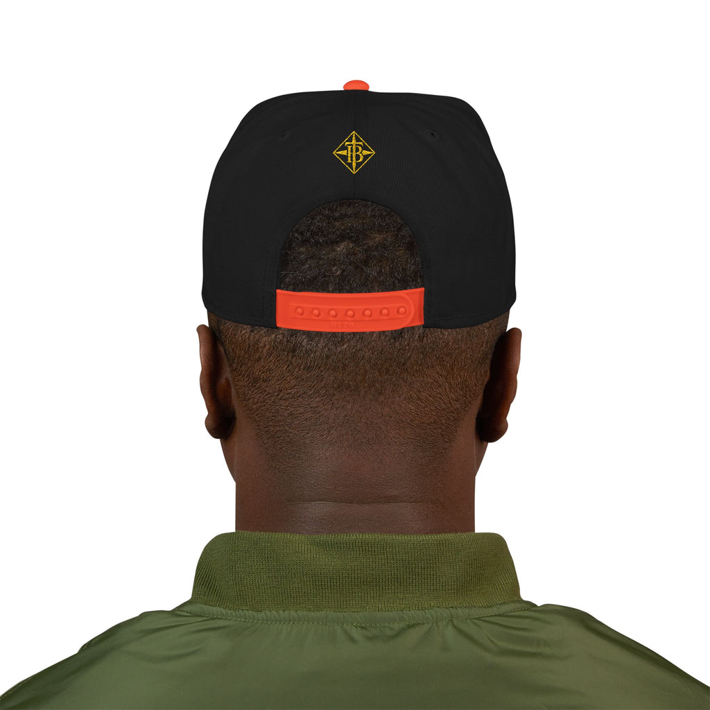 Gold Embroidered Snapback Cap — Minimal Geometric Logo, Adjustable Flat Brim