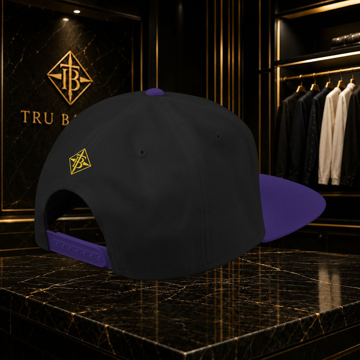Gold Embroidered Snapback Cap — Minimal Geometric Logo, Adjustable Flat Brim