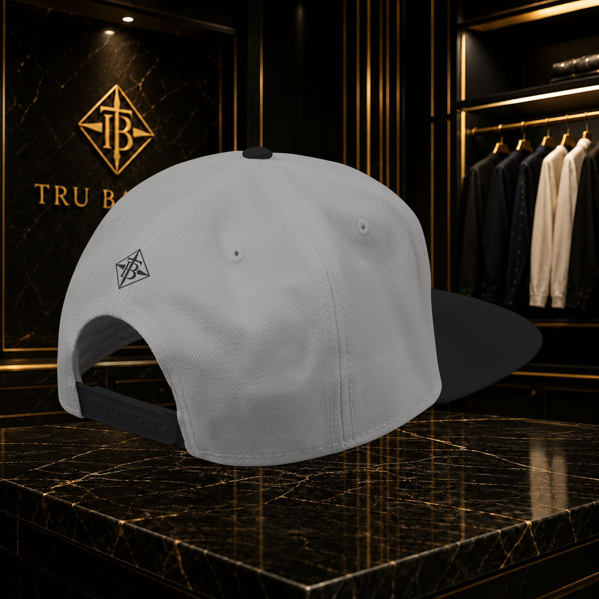 Black Embroidered Snapback Cap — Minimal Geometric Logo, Adjustable Flat Brim