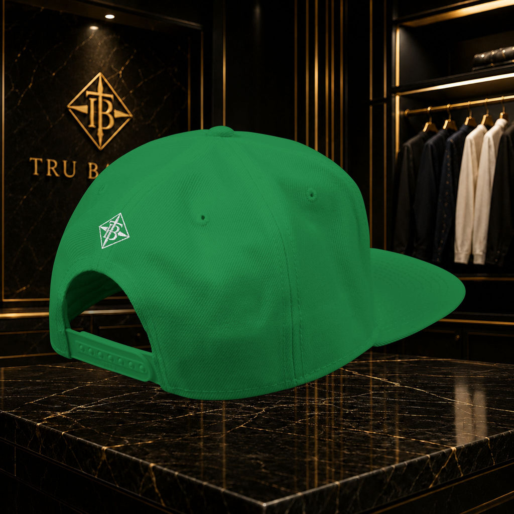 White Embroidered Snapback Cap — Minimal Geometric Logo, Adjustable Flat Brim