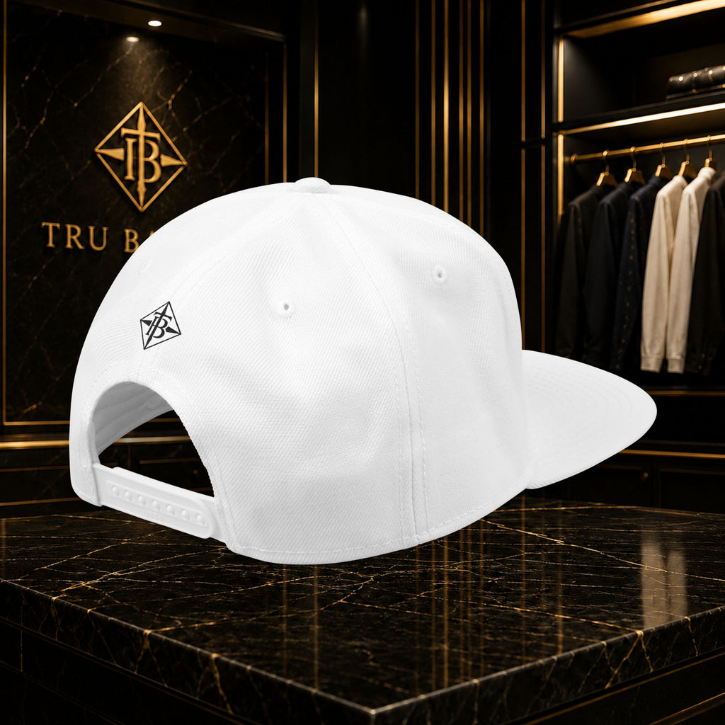 Black Embroidered Snapback Cap — Minimal Geometric Logo, Adjustable Flat Brim