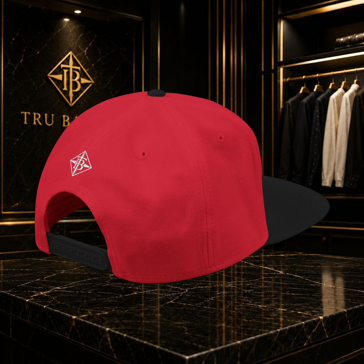 White Embroidered Snapback Cap — Minimal Geometric Logo, Adjustable Flat Brim