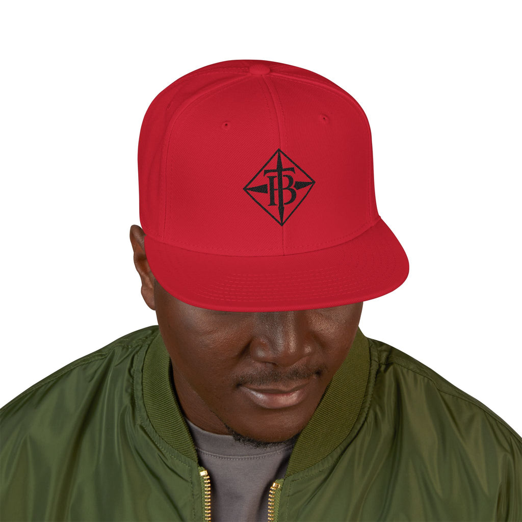 Black Embroidered Snapback Cap — Minimal Geometric Logo, Adjustable Flat Brim