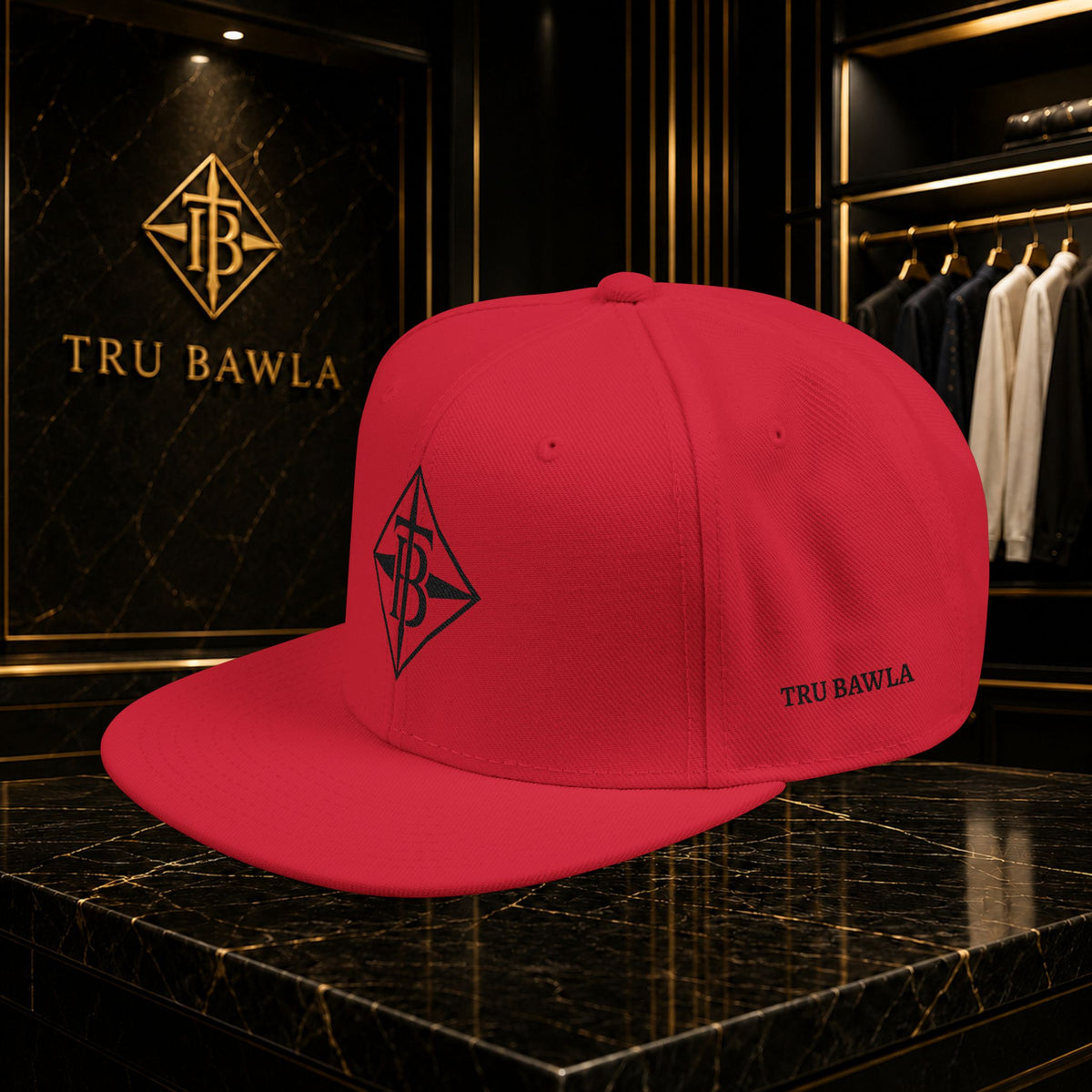 Black Embroidered Snapback Cap — Minimal Geometric Logo, Adjustable Flat Brim
