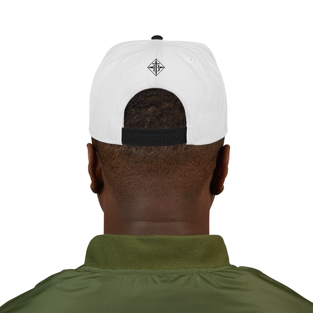 Black Embroidered Snapback Cap — Minimal Geometric Logo, Adjustable Flat Brim