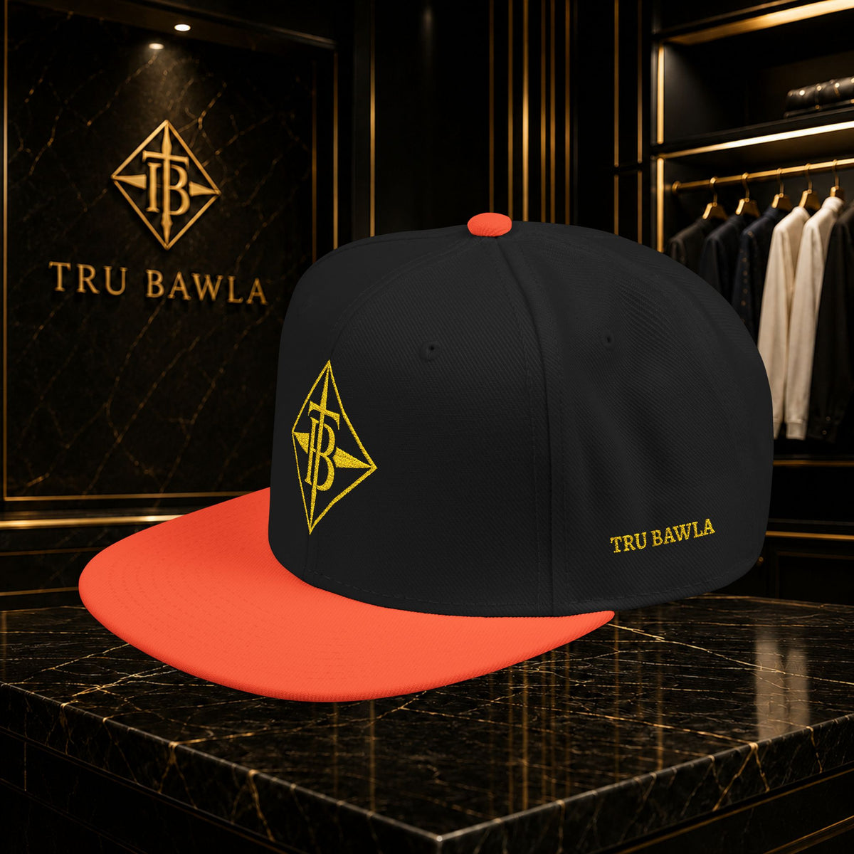 Gold Embroidered Snapback Cap — Minimal Geometric Logo, Adjustable Flat Brim