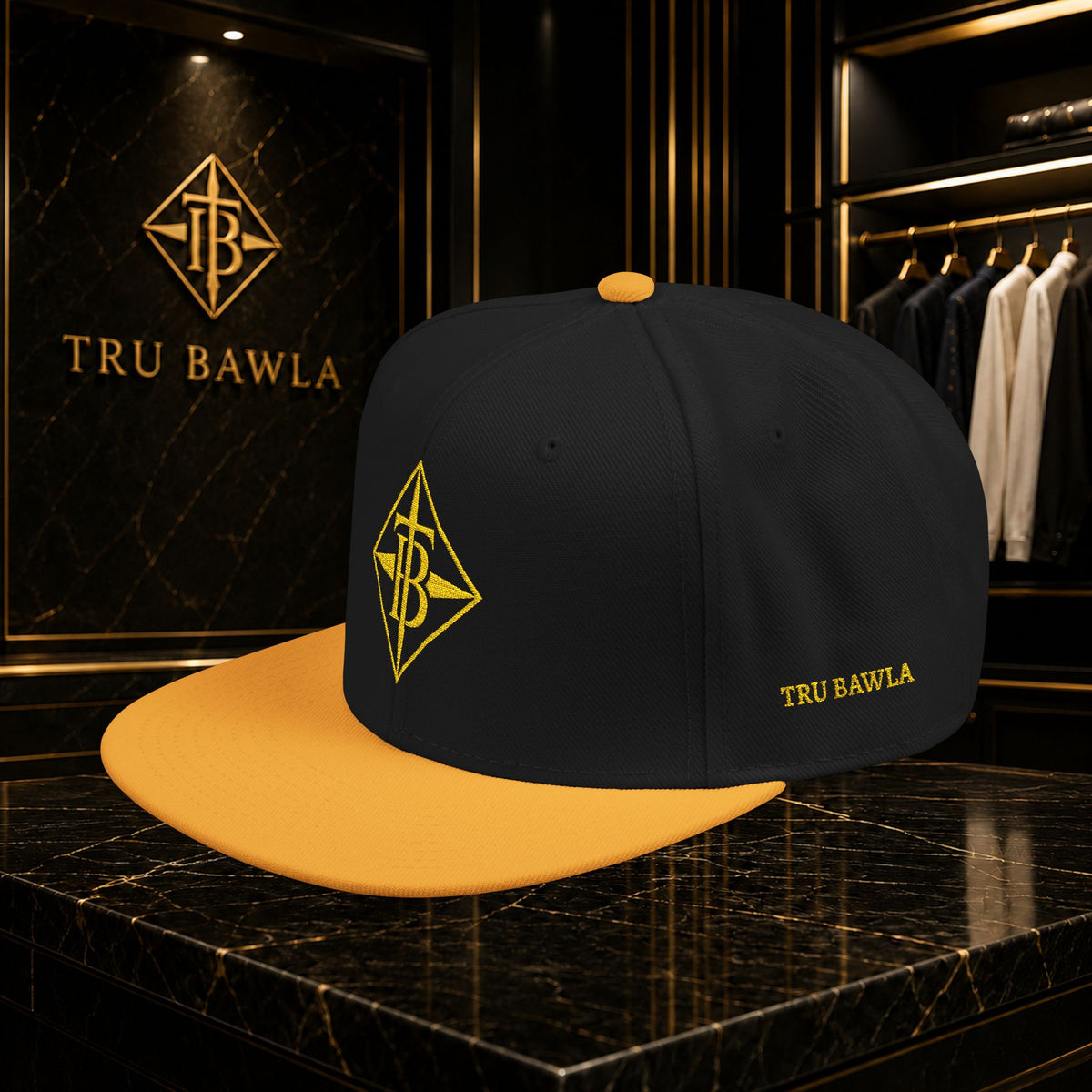 Gold Embroidered Snapback Cap — Minimal Geometric Logo, Adjustable Flat Brim