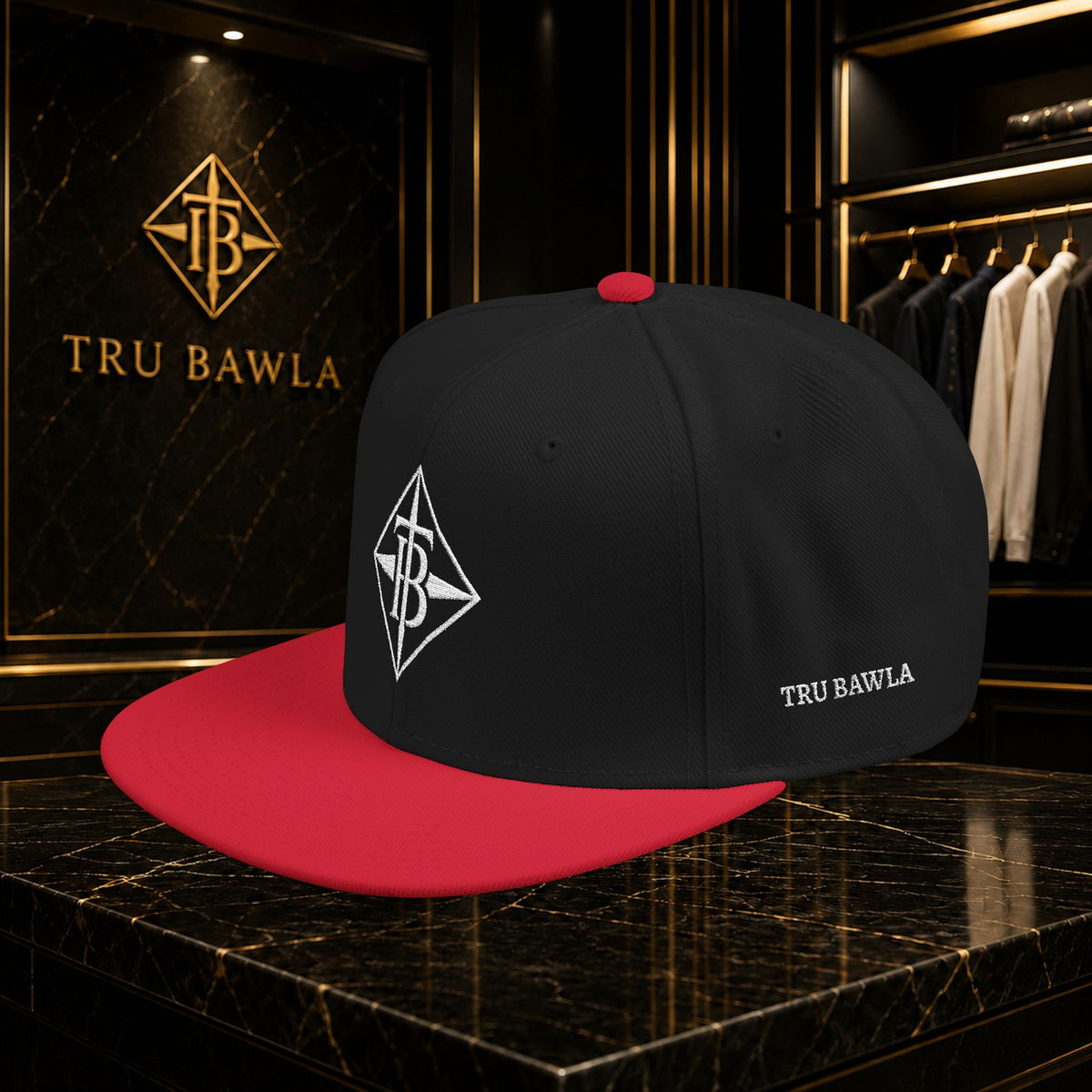 White Embroidered Snapback Cap — Minimal Geometric Logo, Adjustable Flat Brim