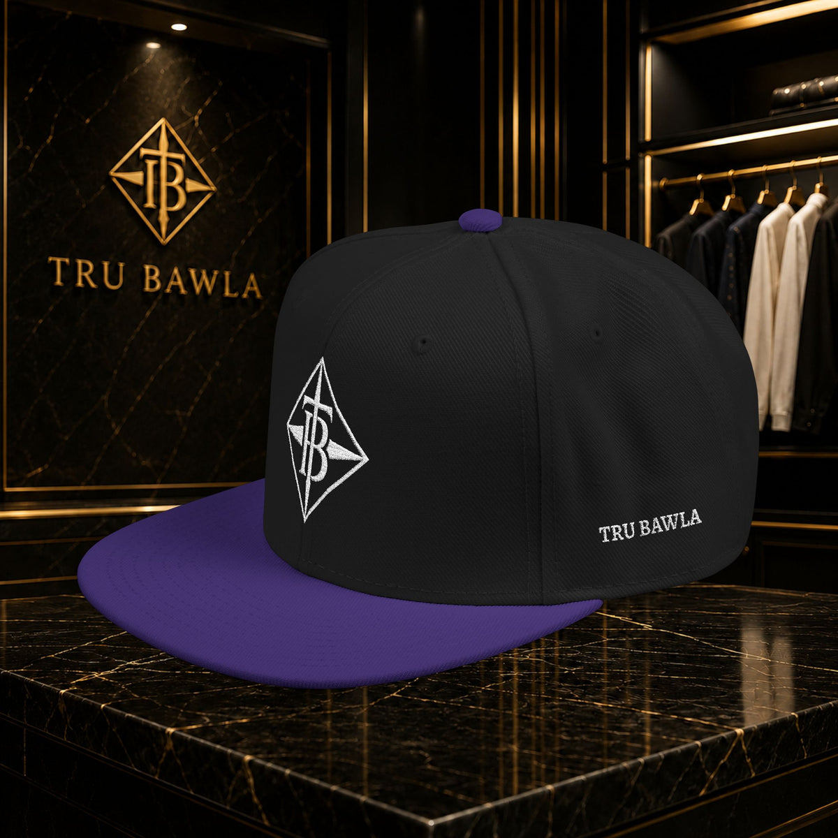 White Embroidered Snapback Cap — Minimal Geometric Logo, Adjustable Flat Brim