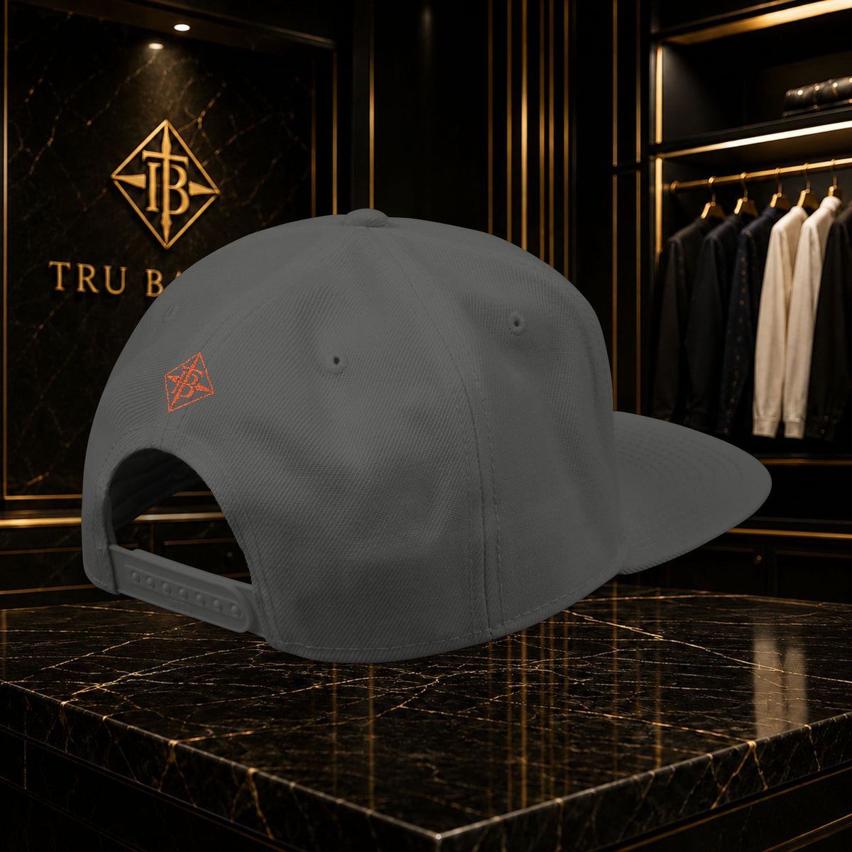 Embroidered Snapback Cap — Minimal Geometric Logo, Adjustable Flat Brim