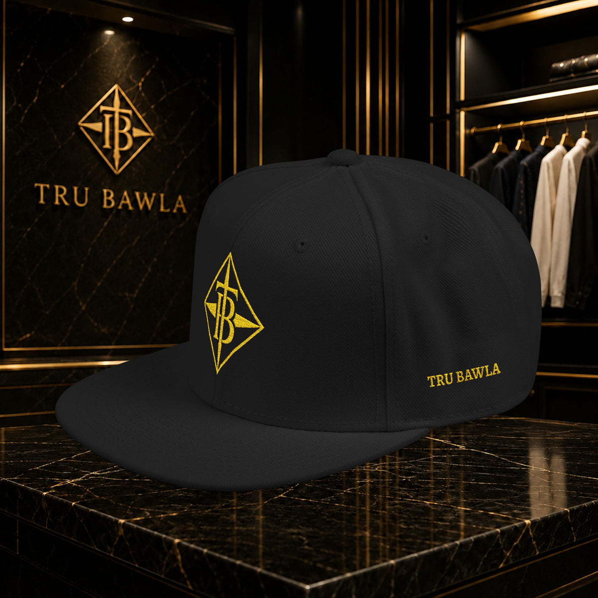 Gold Embroidered Snapback Cap — Minimal Geometric Logo, Adjustable Flat Brim