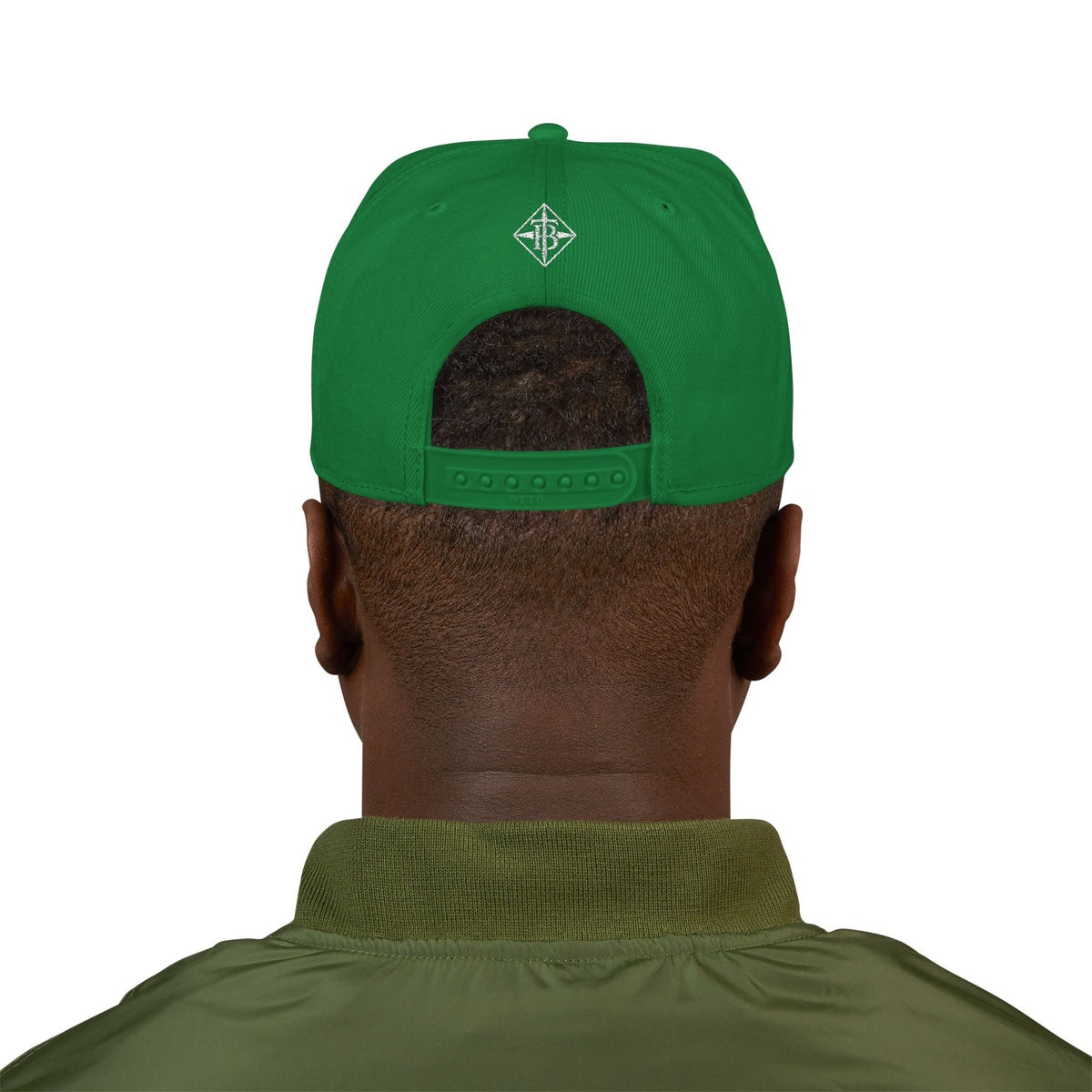 White Embroidered Snapback Cap — Minimal Geometric Logo, Adjustable Flat Brim