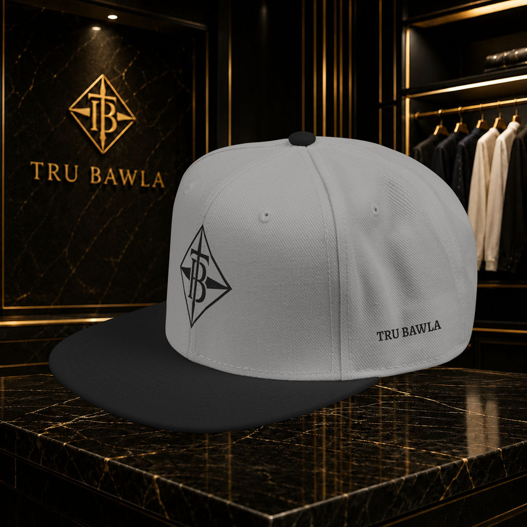 Black Embroidered Snapback Cap — Minimal Geometric Logo, Adjustable Flat Brim