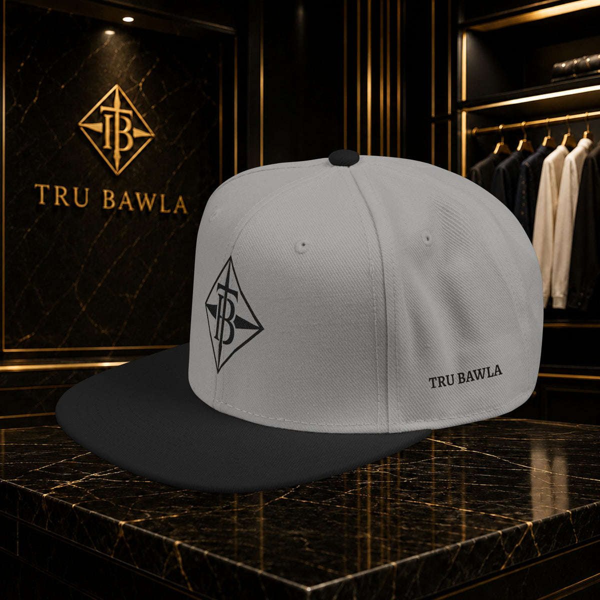 Black Embroidered Snapback Cap — Minimal Geometric Logo, Adjustable Flat Brim