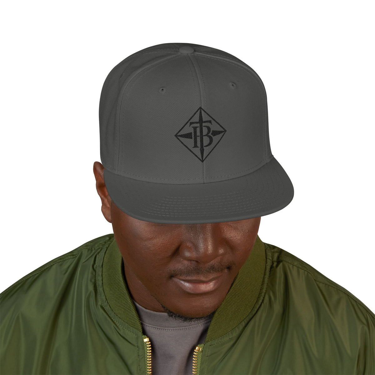 Black Embroidered Snapback Cap — Minimal Geometric Logo, Adjustable Flat Brim