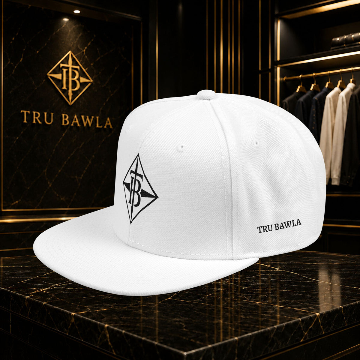 Black Embroidered Snapback Cap — Minimal Geometric Logo, Adjustable Flat Brim