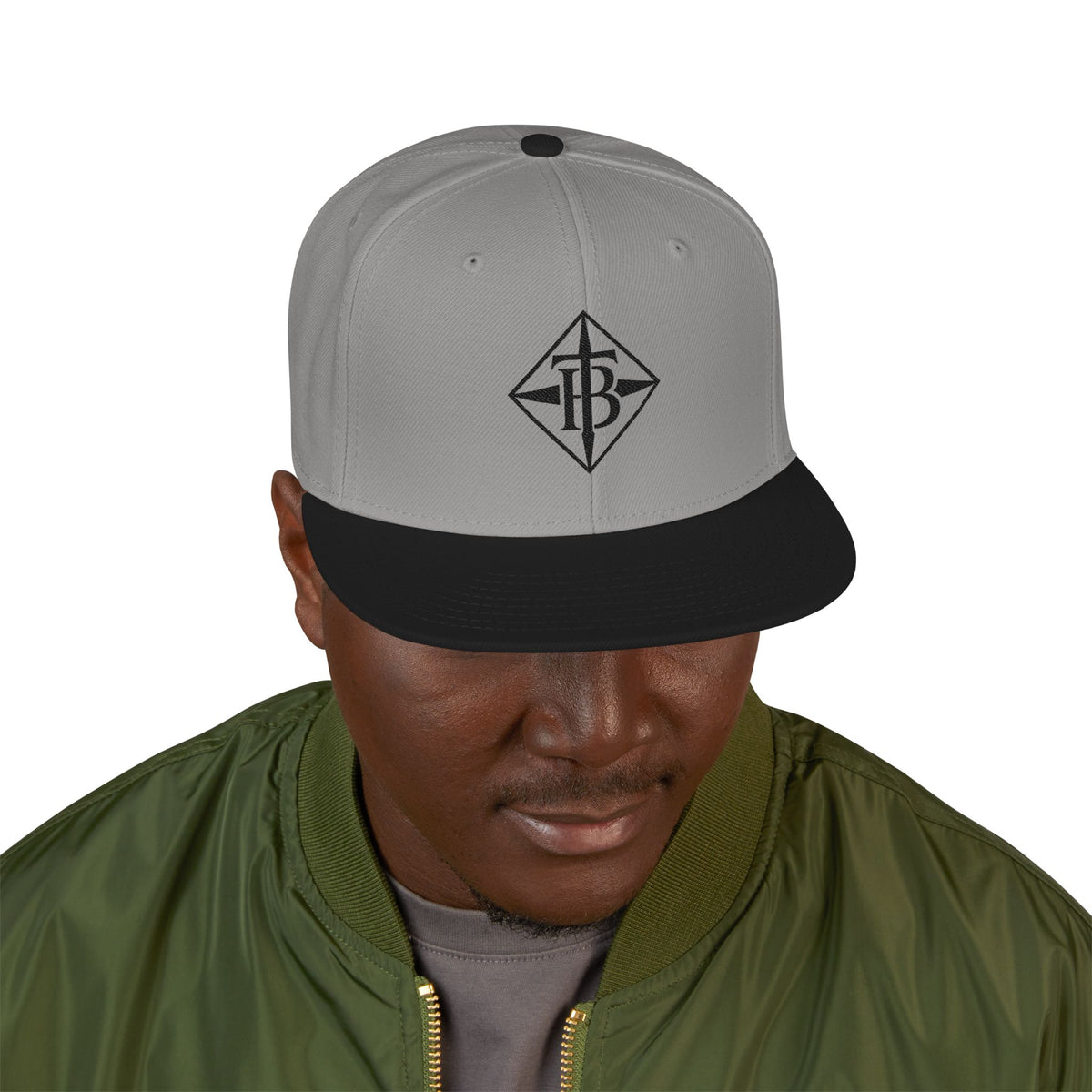 Black Embroidered Snapback Cap — Minimal Geometric Logo, Adjustable Flat Brim