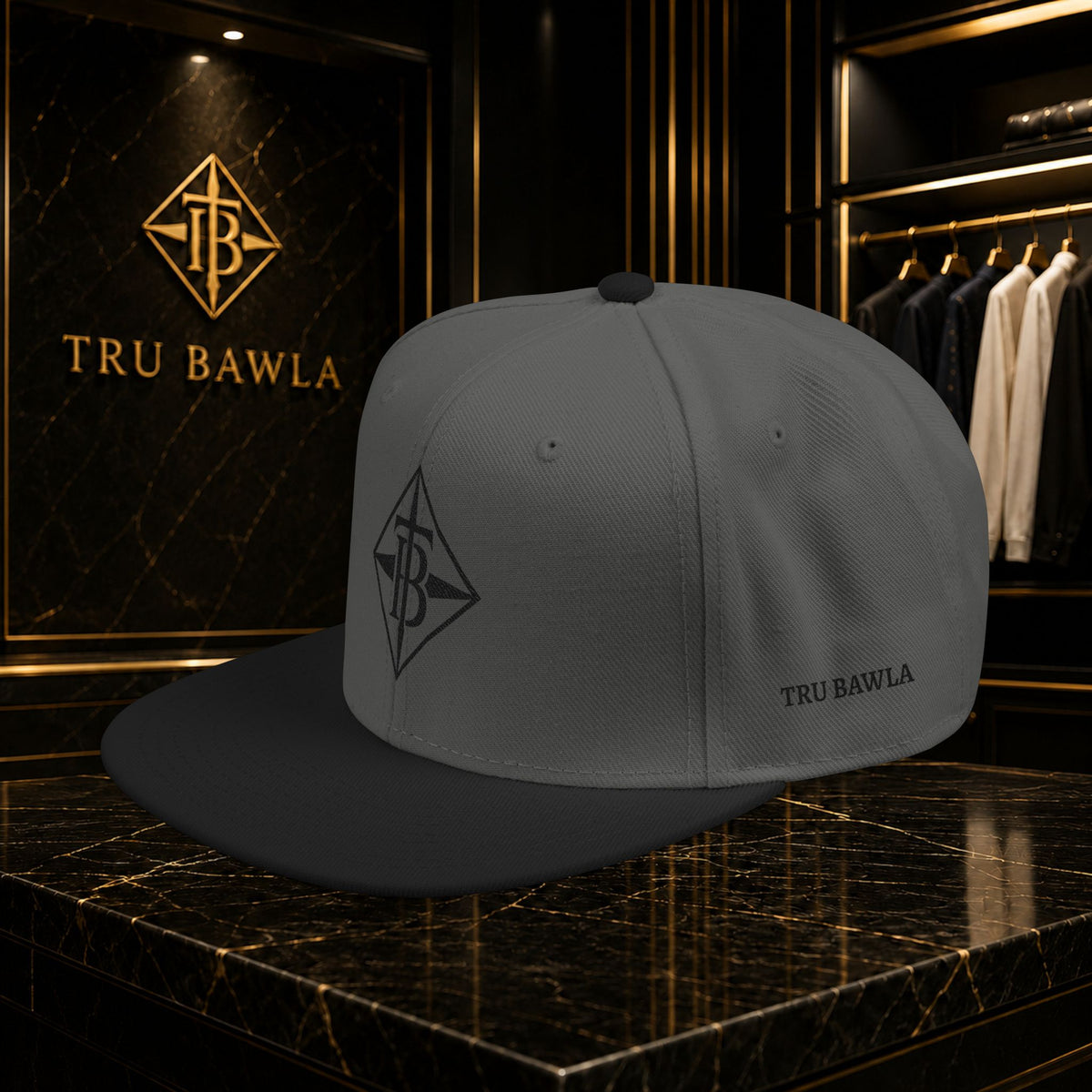 Black Embroidered Snapback Cap — Minimal Geometric Logo, Adjustable Flat Brim