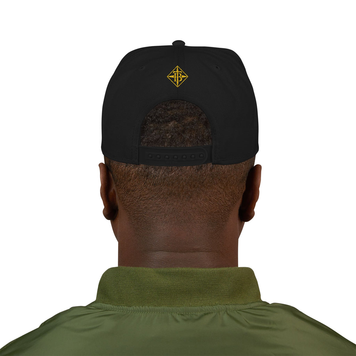 Gold Embroidered Snapback Cap — Minimal Geometric Logo, Adjustable Flat Brim