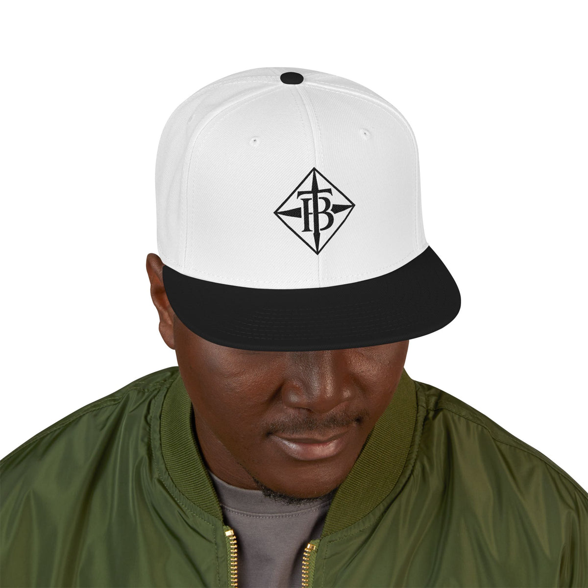 Black Embroidered Snapback Cap — Minimal Geometric Logo, Adjustable Flat Brim