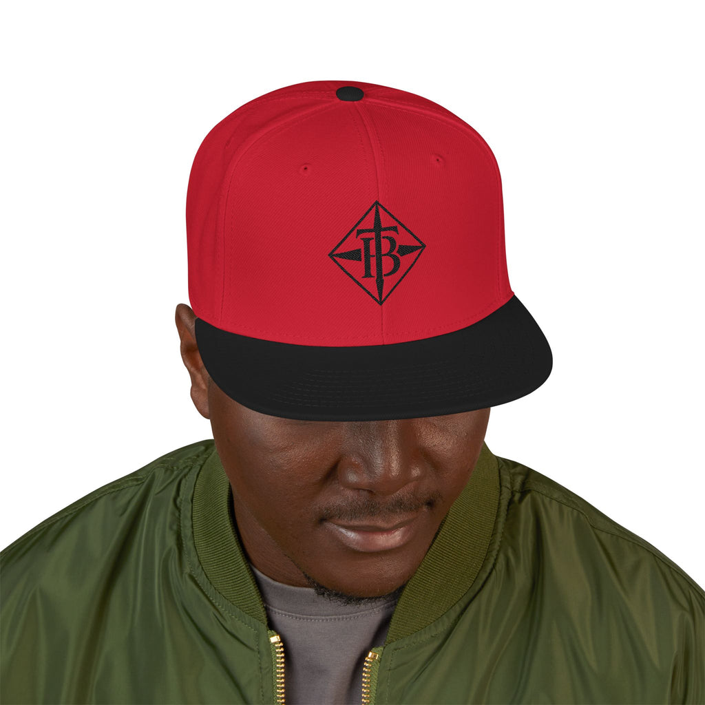 Black Embroidered Snapback Cap — Minimal Geometric Logo, Adjustable Flat Brim