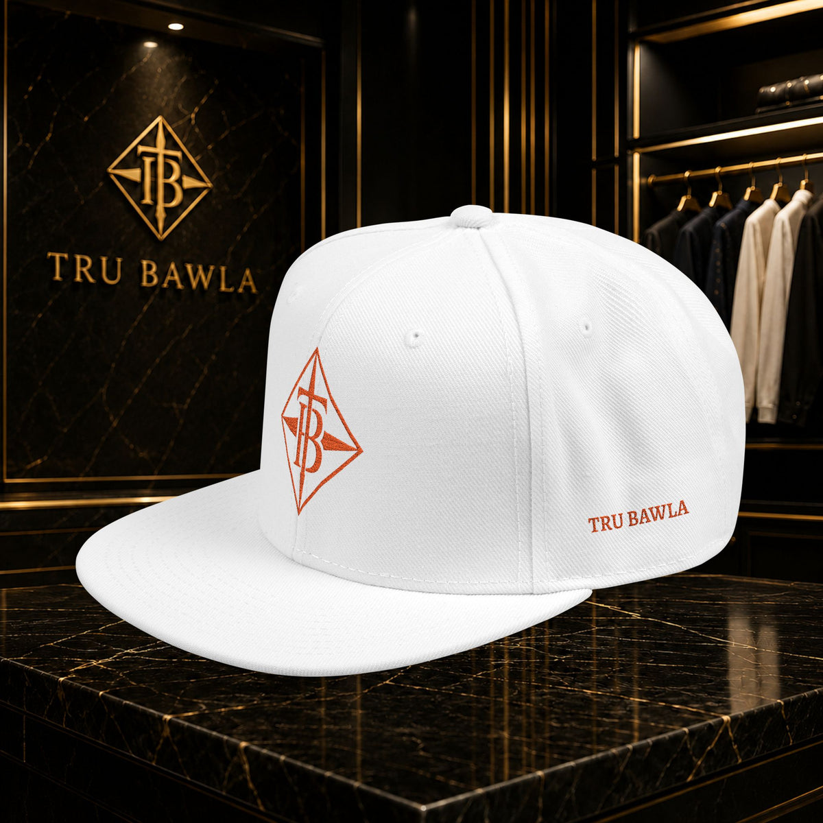 Embroidered Snapback Cap — Minimal Geometric Logo, Adjustable Flat Brim