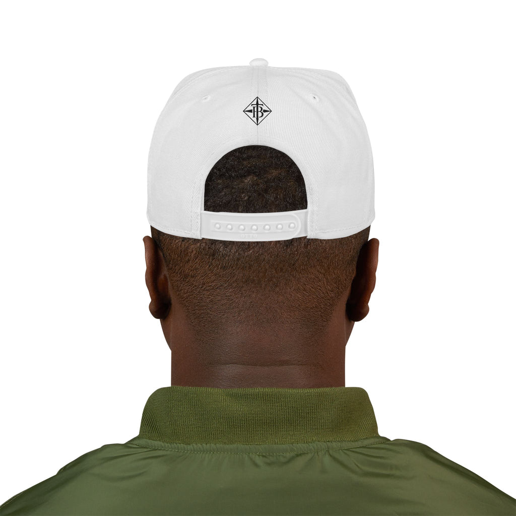 Black Embroidered Snapback Cap — Minimal Geometric Logo, Adjustable Flat Brim